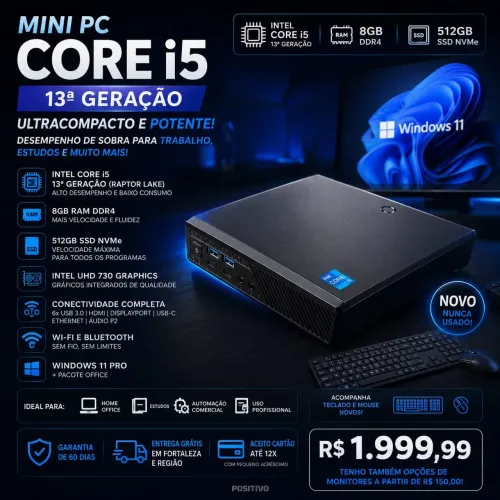 Mini PC Core i5 13ª Geração + 8GB RAM + 512GB SSD Ultracompacto NOVO NUNCA USADO !<br>