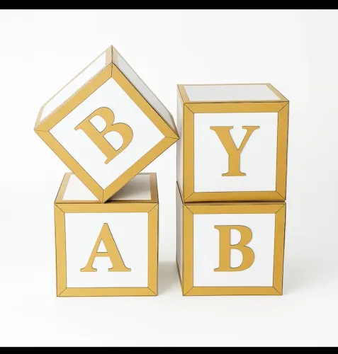Kit 4 Cubos Decorativos BABY Branco e Dourado - 30x30 cm