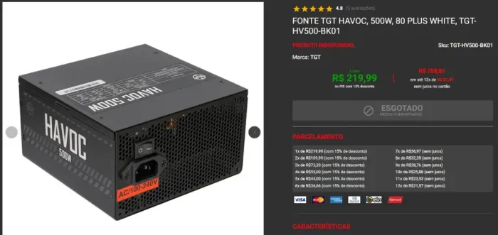 Fonte TGT Havoc, 500W, 80 Plus White, TGT-HV500-BK01