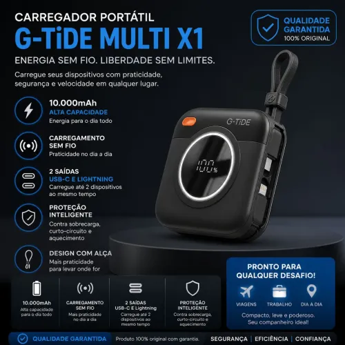 Carregador Portátil G-TiDE 10.000mAh Wireless 2 Saídas USB-C e Lightning