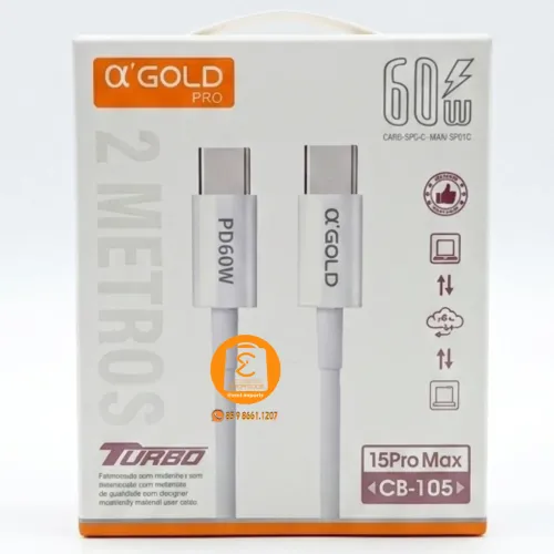 Cabo de 2 metros TIPO-C x TIPO-C  PD 60w de Potência TURBO A'Gold