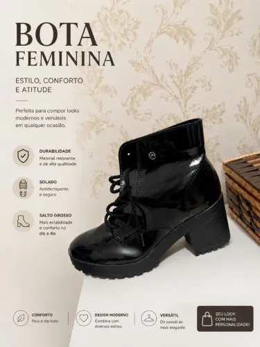 Bota Feminino Verniz Preto Casual e Elegante Cano Curto