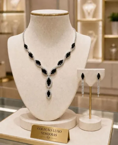 Conjunto luxo zircônia Preta Prata