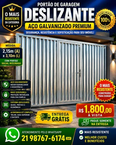Portão de garagem galvanizado com social completo 