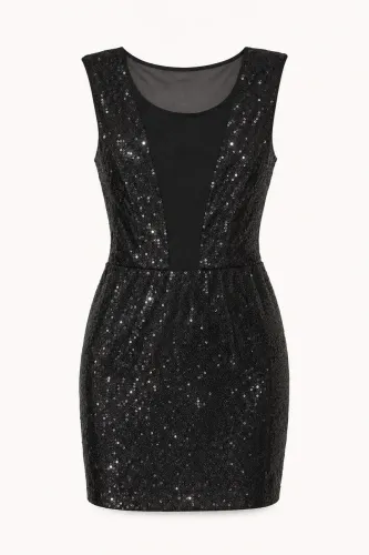 Vestido Preto Curto de Festa com Paetês e Tule - Tamanho M