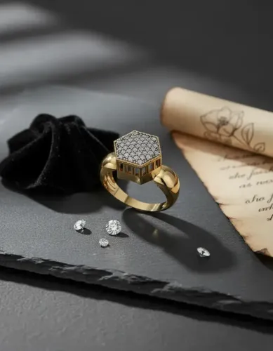 Anel Chuveiro Sextavado de Ouro com Diamantes