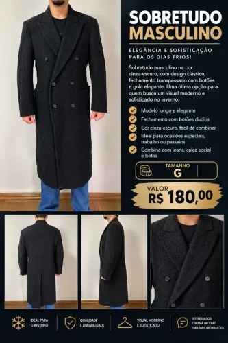 SOBRETUDO MASCULINO ELEGANTE - CINZA-ESCURO