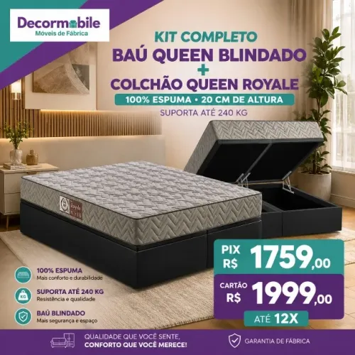 Bau queen blindada+ Colchão Royale 100% espuma 20 cm D65 1 ate 240 kg