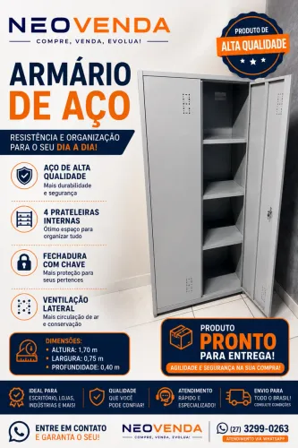 Armário de Aço 1,70 com 02 Portas e Chave (Promoção)