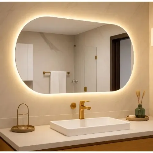 Espelho Oval Orgânico com LED Luz Quente e Fria 80x50 e 40x50 para Banheiro Lavabo