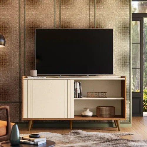 Rack Bancada New Austin Retrô Para Tv Até 50 Polegadas Pérola Metalizado/Cinamomo