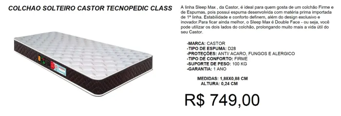 Colchão Castor D28 selado pelo Inmetro - Entrega Gratis