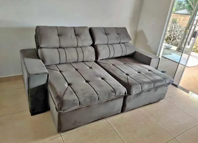 sofa retratil reclinavel cinza molas ensacadas malu
