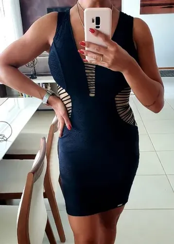 Vestido Preto de renda jacquard com tule e tiras - Credencial X - Novo com Etiqueta