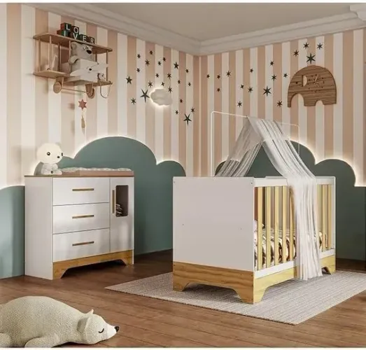 Comoda Popy + Berço Cama Americano Popy, 100% MDF - Peroba