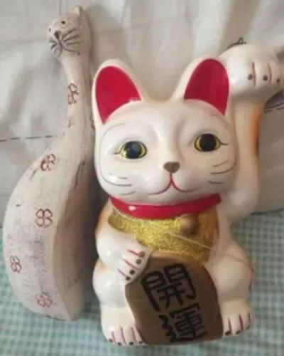Maneki Neko Gato da Sorte Grande + Gatinho Bege