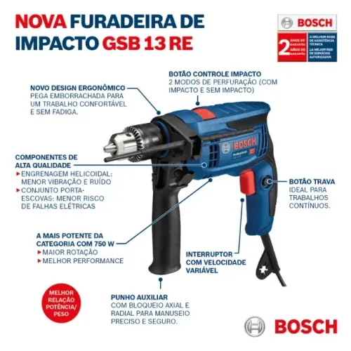 Furadeira de Impacto GSB 13 RE 750W 220V - Bosch - Ferramentase e Acessórios parcelado!