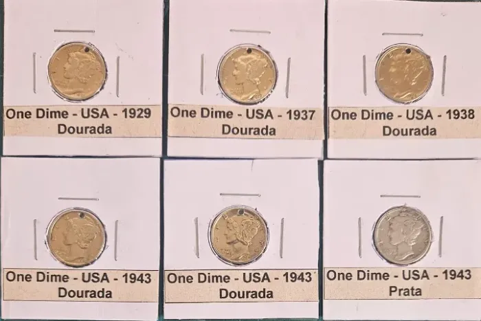 Kit 06 Moedas One Dime - EUA - 1929 - 1937 - 1938 - 1943.