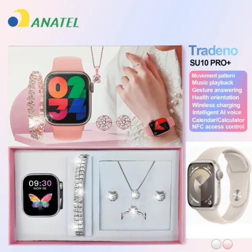 Smartwatch feminino prata novo relógio + Kit de Joias anel pulseira brinco colar brilhante
