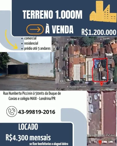 TERRENO LOCADO de 1.000mts COMERCIAL/RESIDENCIAL 50mts da Duque e do Colégio Maxi