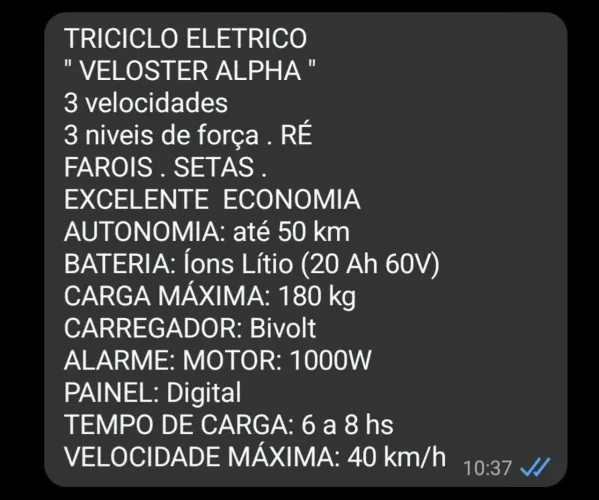 TRICICLO ELETRICO VELOSTER ALPHA