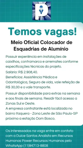 Meio Oficial Colocador de Esquadrias de Alumínio