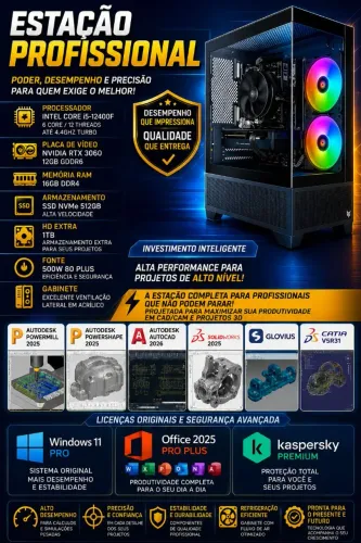 PC Profissional para CAD/CAM e Projetos 3D | i5 12400F, RTX 3060, NVMe e Programas