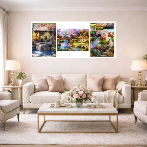Kit de três quadros decorativos de paisagens cores vivas