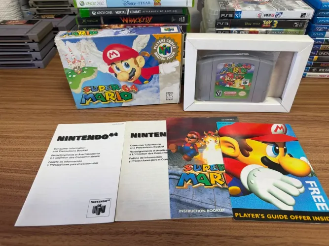 Super Mario 64 com caixa e manuais