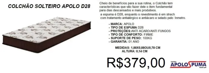 Colchão solteiro espuma d28 apolo - frete gratuito