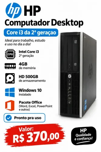PC HP Core i3 da 2 geração,  4gb,  hd 500gb,  Windows 10 + pacote Office,  pronto pra uso 