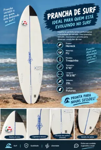 Prancha surf Heneck Tamanho: 5'10" Largura: 19 3/16 Volume: 29L Quilhas : Futures. Shaper: