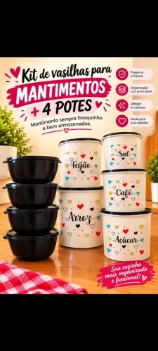Kit de vasilhas para mantimentos com 9 peças - Cores Bege e Preta