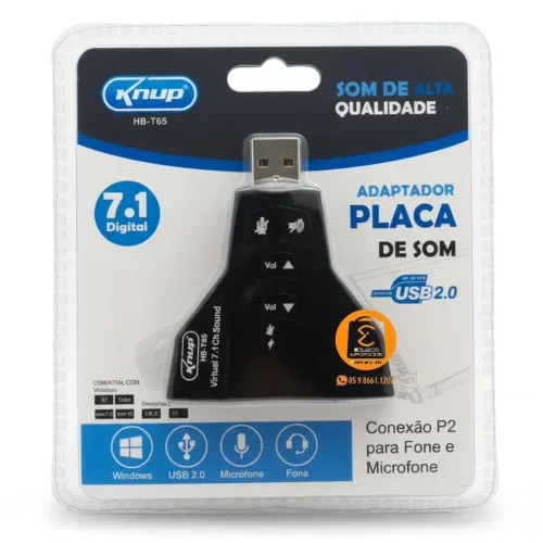 Adaptador USB Placa de Som com 4 Entradas, 7.1 Digital USB 2.0 HB-T65