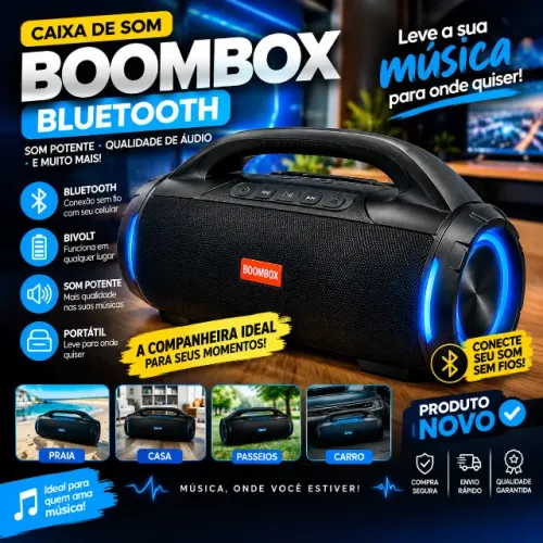 Caixa de Som Boombox Bluetooth Bivolt Preta - Nova