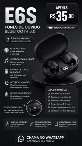 Fone de ouvido Bluetooth E6S