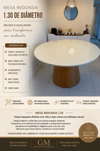 Mesa Redonda 1,30m Off White Laqueada com Vidro | Base Cônica / sob encomenda.