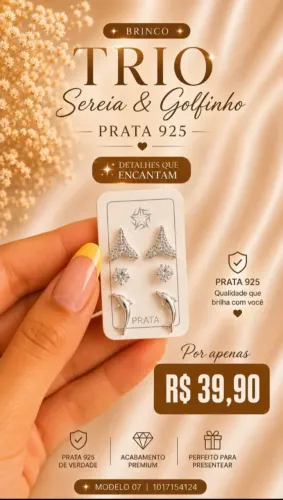 Trio de Brincos Sereia e Golfinho Prata 925