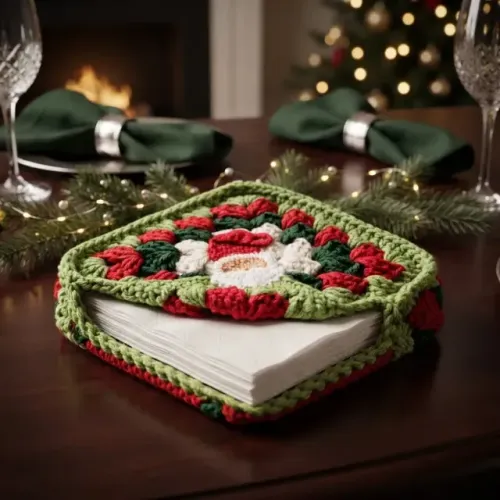 Porta Guardanapo De Crochê Natalino Com Papai Noel