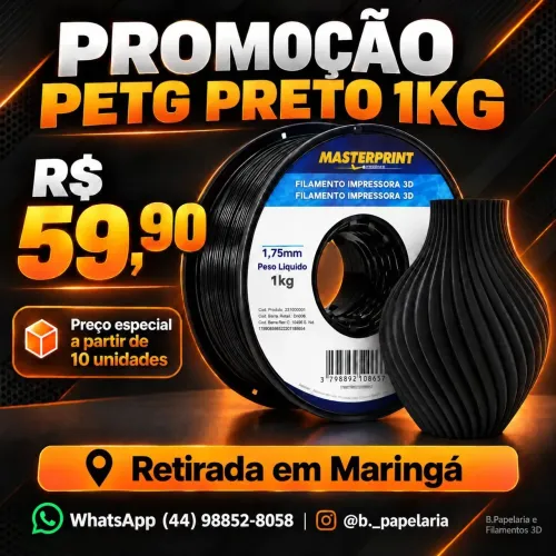 Filamento PETG Preto 1kg Masterprint 1,75mm - Promoção