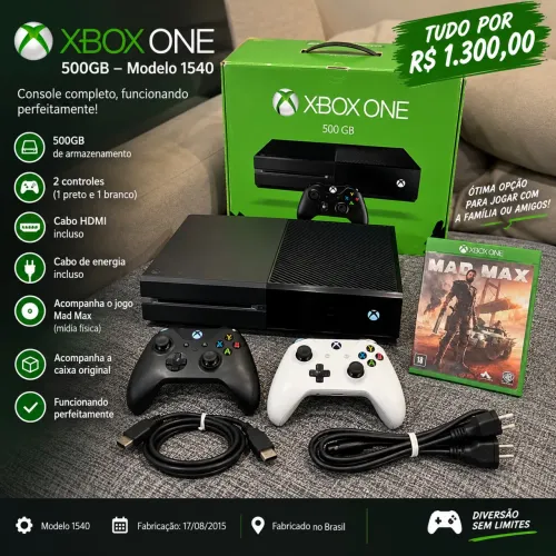 Xbox One 500GB + 2 Controles + Caixa Original + Jogo Mad Max