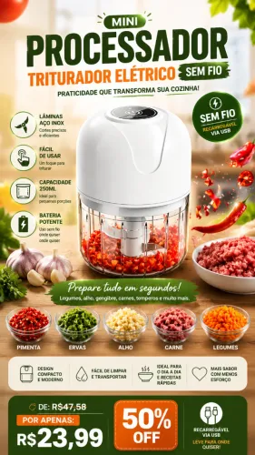 Mini Processador Triturador Elétrico Sem Fio USB 250ml