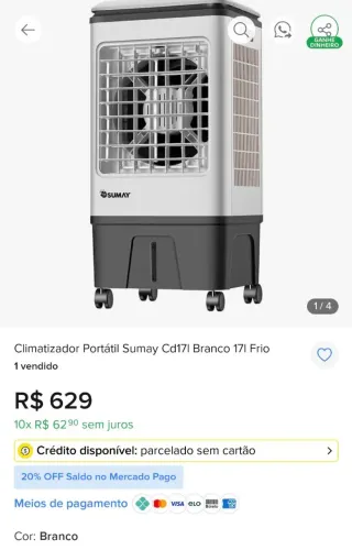 Climatizador 17L 20 dias de uso 