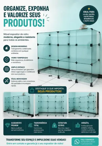 Expositor de Vidro Temperado | Balcão Vitrine de Vidro Grande