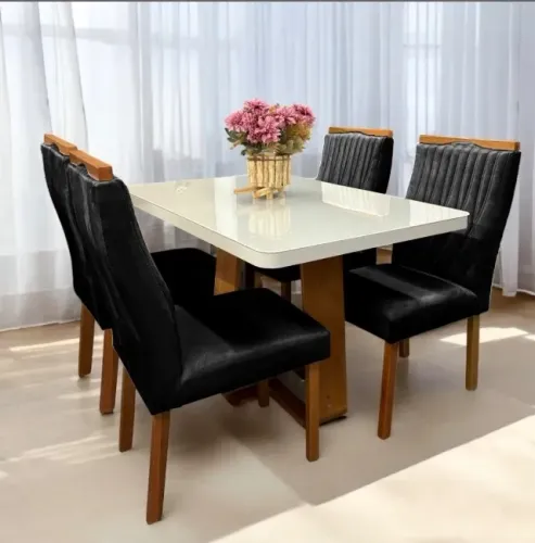Mesa Cruzatta 120 Amêndoa Clean com 4 Cadeiras Veludo Preto