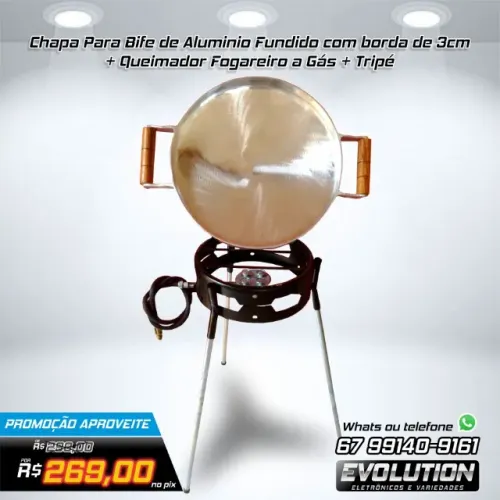 Chapa Para Bife de Aluminio com borda 3cm + Queimador a Gás + Tripé Aproveite