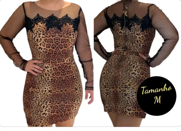 Vestido Leopardado com Renda e Manga Transparente