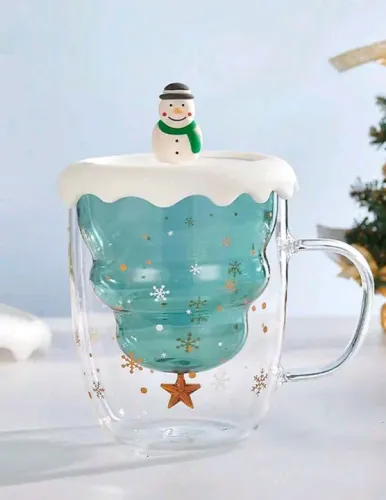 Caneca de vidro dupla com design charmoso de árvore de natal