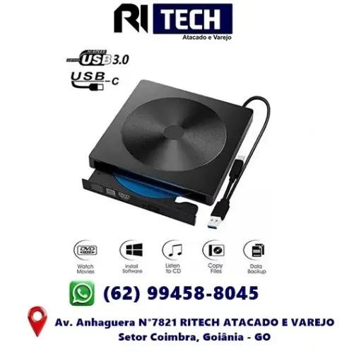 Leitor e Gravador de Cd Dvd Externo PC e Notebook Usb 3.0 Drive Portátil Slim Preto Linux 