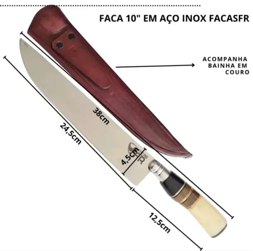 Faca 10" em Aço Inox com Bainha de Couro